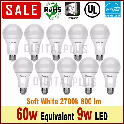 10 Pack 60w Equivalent 9w MaxLite LED Light Bulbs Soft White 2700k E26 Dimmable • $22.80