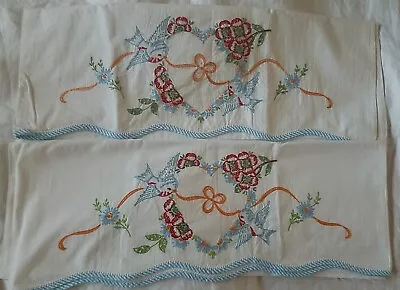 2 Vintage Pillow Cases 'Blue Birds Hand Embroidered In Floral Design • $20