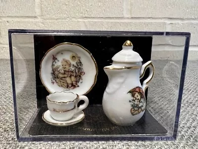 M I Hummel Miniature Porcelain Teapot Plate Cup Saucer In Acrylic Cube Germany • $12