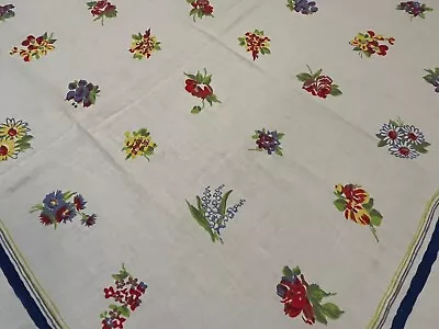 Vtg 50's Cotton Linen Tablecloth W/ Bouquet Garden Flowers • $21.50