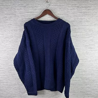 VINTAGE Cable Knit Sweater Mens Large Blue Crewneck Aran Fisherman Cotton Heavy • $28.88