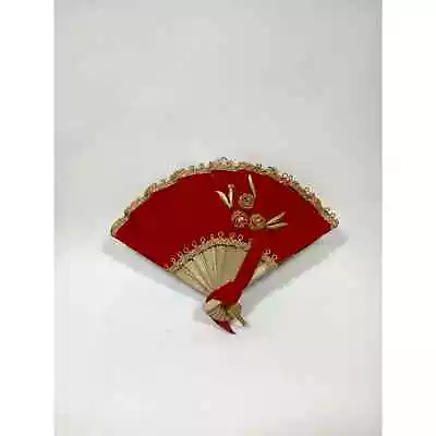 Vintage Red Velvet Fan Gold Roses & Trim Christmas Tree Ornament (cbz) • $9