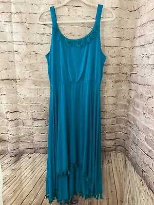 Spense Tank Dress Womens Large Turquoise Blue Tasseled Hi Low Stretch Sleeveless • $18.99