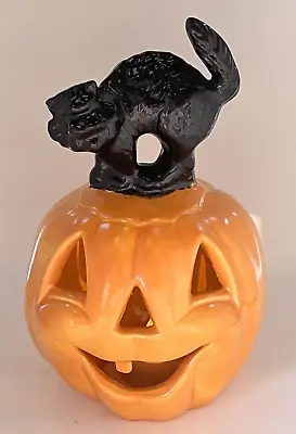 Vtg Ceramic Mold Black Scaredy Cat Orange Pumpkin Jack-O-Lantern Tea Light Cover • $25.99