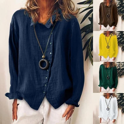 £4.49 • Buy Womens Cotton Linen Plain Blouse Tops Ladies Loose Long Sleeve Casual T-Shirt UK