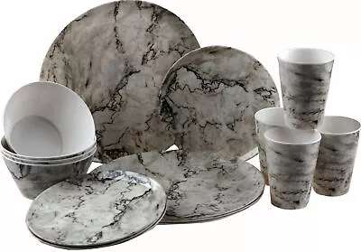 Melamine Dinner Set 16-Piece Plates Bowls & Tumblers For 4 Marble Style Crockery • £39.99