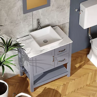 30” Gray Bathroom Vanity And Sink Combo Marble Pattern Top W/Mirror Faucet&Drain • $420.99