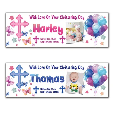 2 Personalised Christening Baptism Holy Communion Birthday Banner Photo Party • £17.99