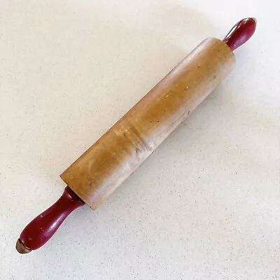 Vintage MUNISING Wooden Rolling Pin Red  Turn Handles 17.5” Long • $28.90