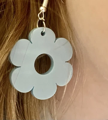 60s 70s 80s L Blue Flower  GEOMETRIC Dangle Drop Earrings  Club Festival Retro • £3
