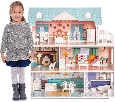 Robud Wooden Dollhouse For Kids Girls Toy Gift For 3 +Years Oldwith 28 Furnit • $69.99