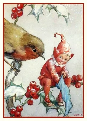 Elf Shares His Christmas Stocking's Treats :  Margaret Tarrant : Art Print • $59