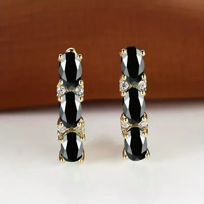 2Ct Oval Lab-Created Black Spinel Hoop Pretty Earrings 14K Yellow Gold Plated • $93.49