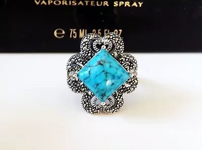 Designer Cluster Sterling Silver 925 Turquoise Marcasite Victorian Size 8 Ring • $39