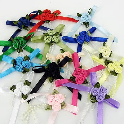 £2.65 • Buy Triple Trio Roses , Cluster ,Satin Ribbon Bows With Pearls  5 Pack, Many Colours