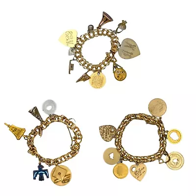 Vintage Designer 3 Loaded Charm Bracelet Lot Yellow Gold Filled Sterling Silver • $26