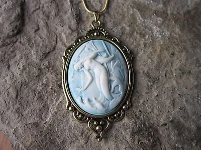 Mermaid On Blue Cameo Antiqued Gold Tone Pendant Necklace - Vacation - Cruise  • $24.95