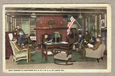 Railroad YMCA Soldiers In Cozy Corner Of Hut St. Louis MIssouri 1920 Postcard • $1.50