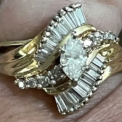 14K Yellow Gold Marquise & Baguette Diamond Wedding Ring  Size 5~Beautiful~ • $909.23