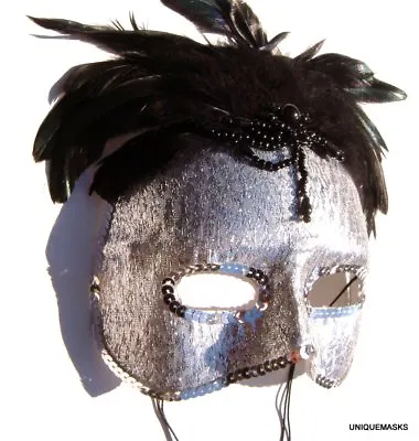 Masquerade Halloween Stag Mens Silver Phantom Black Feather Face Mask New  • £5.99