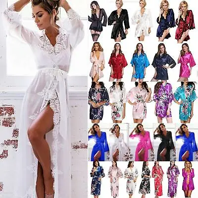 $14.19 • Buy Women Satin Kimono Bath Robe Nightwear Wedding Bridesmaid Dressing Gown Pajamas