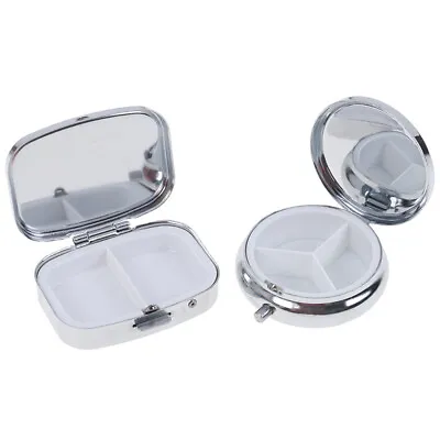 Small Metal Round Rectangular Silver Tablet Pill Box Container Medicine Case_-_ • $7.14