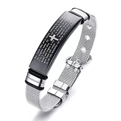 Women Men Bible Cross Stainless Steel Mesh Cuff Bracelet Prayer Religious Bangle • $10.44