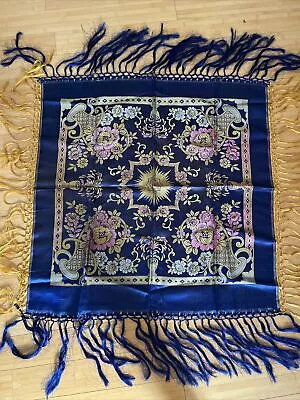 Vtg Silk ? Piano Scarf 32.5” Square Tablecloth Floral Fringe Topper Blue Gold • $59.96