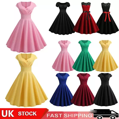 Women Vintage Retro 50s Rockabilly Dress Evening Party Pinup Swing Midi Sundress • £15.79