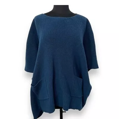 CAbi Sweater Blue Ribbed Short Sleeve Oversized Boxy Fit Lagenlook Womens Large • $20.14