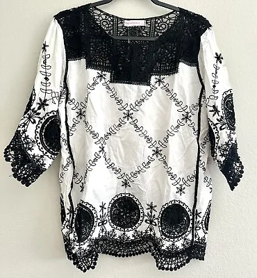 Parami Design Peasant Top Blouse Shirt Boho Embroidered Crochet Black White L • £23.65