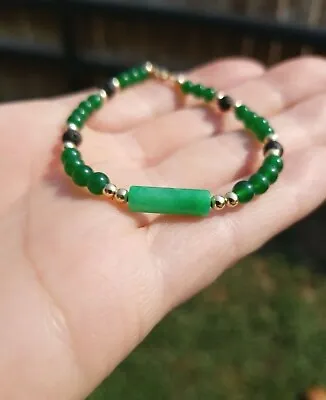 14k Solid Gold 4mm Jade Cylinder And Lava Apple Green Bead Bracelet • $132.93