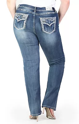 Grace In LA Women Plus Bootcut Jeans Mid Rise Stretch Silver Stitch Faux Flap • $135.02