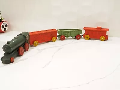 Vintage Wooden Toy Train Set  Painted Rock Island Toy Train With Wooden Wheels • $35