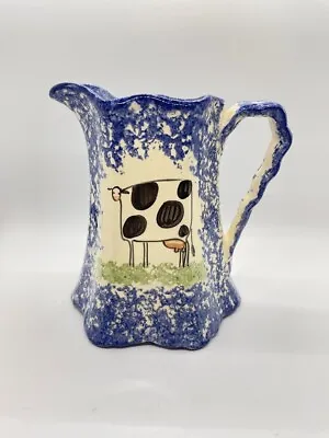 Molly Dallas Blue Spatterware Ohio Folk Cute Molly Cow Pitcher 6 1/2  Tall • $16