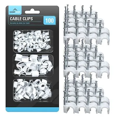 £3.99 • Buy 100-200 Cable Clips 6mm 9mm 12mm | Round White Plastic Electric Wire Set Wall