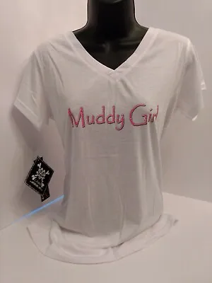 Muddy Girl Designs V-Neck White Short Sleeve Shirt Pink Graphics Small 0302103-s • $14.99