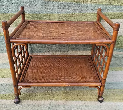 Vintage Mid Century 2-Tier Bamboo Raton Rolling Bar Serving TV Cart Wicker • $274.98