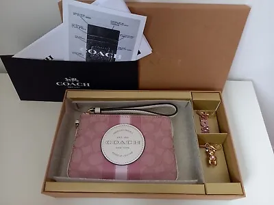£59.99 • Buy Coach Dempsey Pink Corner Zip Wristlet Plus 2 Charms Gift Box Brand New Receipt 