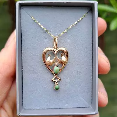 Antique Art Nouveau 9ct Gold Turquoise And Seed Pearl Heart Pendant Edwardian • £149
