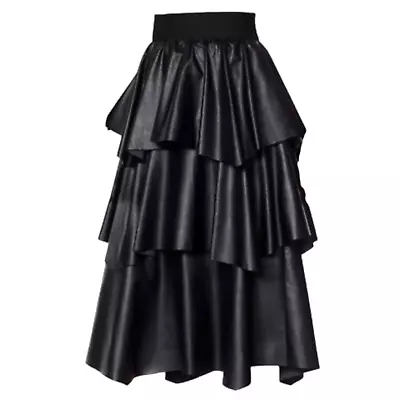Womens Faux Leather Tiered Ruffle Skirt Black Layered Gothic Midi 80s 90s Size 2 • $23.73