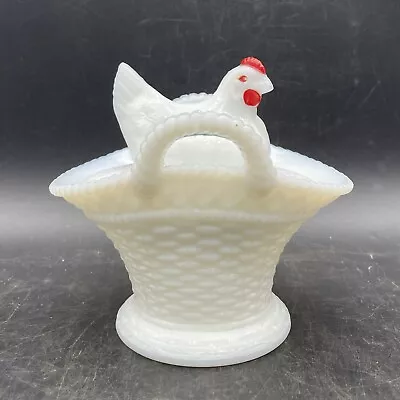 Vtg Westmoreland White Milk Glass Hen On Nest Basket Dish Lid Red Comb 5” T 5.25 • $22.05