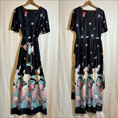 Vtg Maxi Dress Hawaiian Tropical Floral West Coast Fashions CA Black 70s Sz M 10 • $59.99