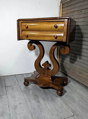 Antique Victorian Empire Drop Leaf Work Sewing Table 2-Drawer - Harp Lyre • $405