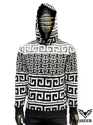 New Mens Black Slim Fit Hoodie Sweatshirt White Greek Stripes Rhinestones • $39.99