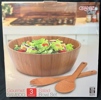 Grande Chef Gourmet Bamboo 3-Piece Salad Bowl Set -  NEW IN BOX! Kitchen Bowls • £11.28