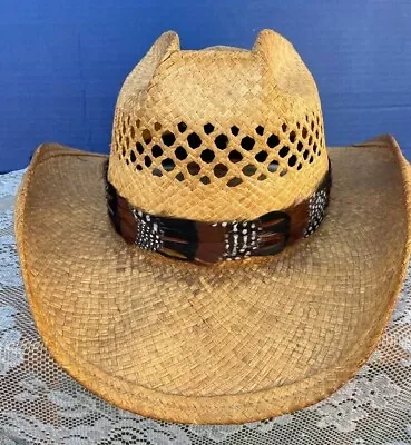 Western Decor Cowboy HAT BAND FEATHER Rawhide Tie Back • $21.95