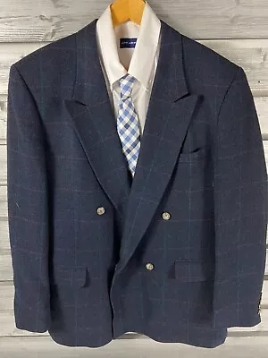 Vintage 80s Evan Picone Wool Plaid Blue Tweed Double Breasted Blazer Mens 40-42 • $29.99