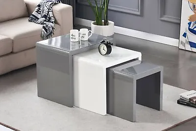 £149 • Buy Nest Of 3 Tables Grey/White Tempered Glass Top High Gloss Side End Coffee Home