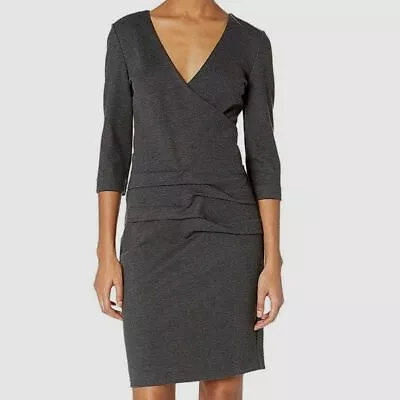 $325 Nicole Miller USA Womens Gray Ponte Tidal Pleated 3/4-Sleeve Sheath Dress L • $70.38